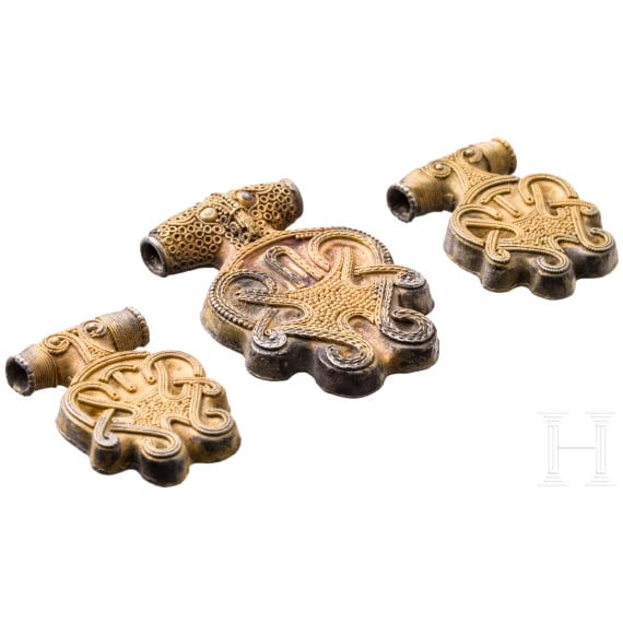 Three gold-plated silver pendants in the shape of a cross, Viking, Hiddensee type, second half of the 10th century