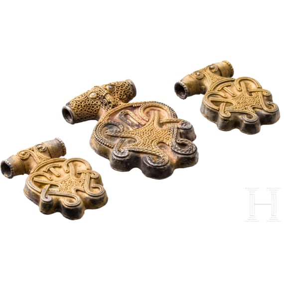 Three gold-plated silver pendants in the shape of a cross, Viking, Hiddensee type, second half of the 10th century