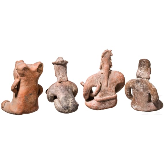 Four Pre-Columbian clay figures, Mexico, Jalisco/Tlatico-culture (two), 100 - 900 AD