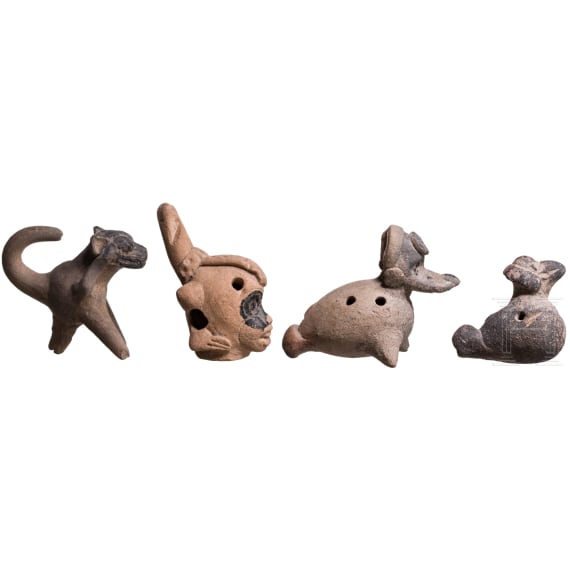 Four Pre-Columbian, animal-shaped clay flutes (ocarinas), circa 500 - 1500 AD