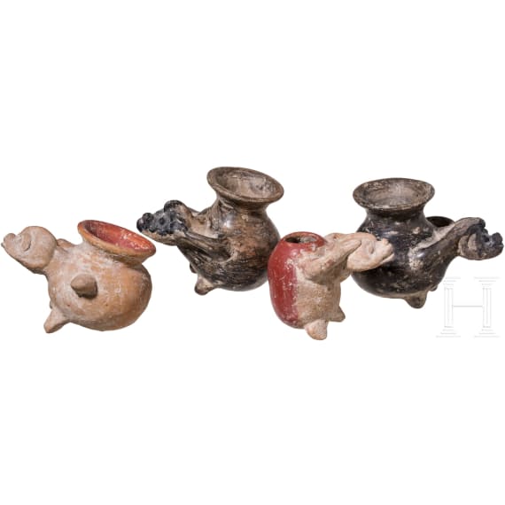 Four Pre-Columbian clay vessels with animal heads, 500 - 1500 AD