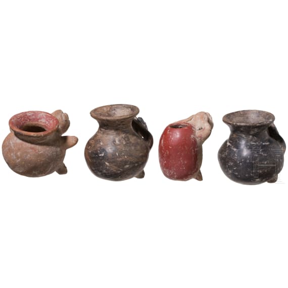 Four Pre-Columbian clay vessels with animal heads, 500 - 1500 AD