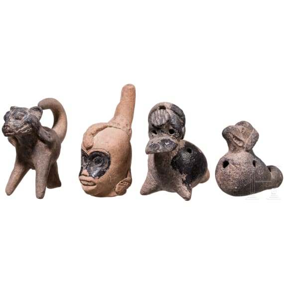 Four Pre-Columbian, animal-shaped clay flutes (ocarinas), circa 500 - 1500 AD