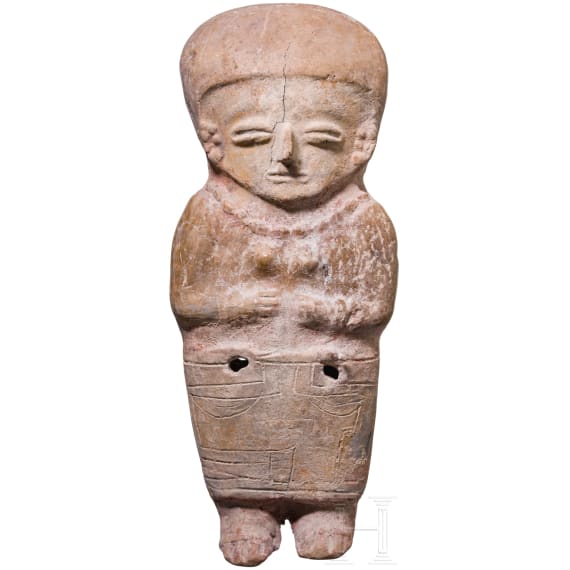 A large Ecuadorian, pre-Colombian, partially painted female clay figure, probably 500 - 1500 A.D.