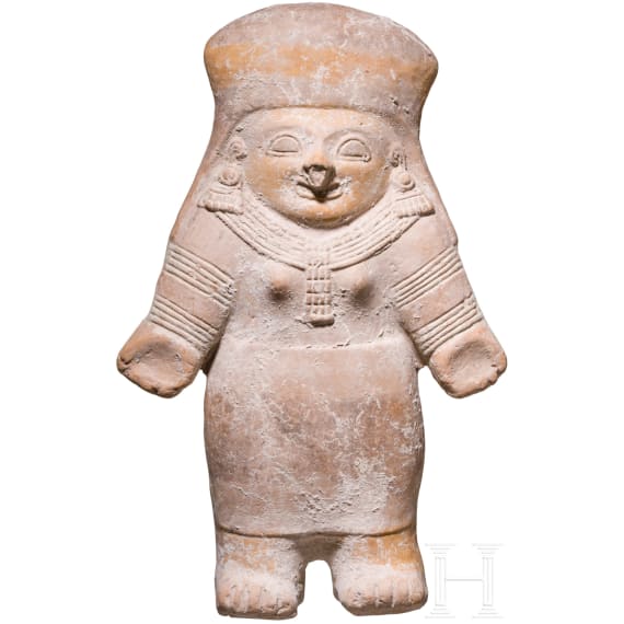 A large Ecuadorian, Pre-Colombian, partially painted female clay figure, probably 500 - 1500 A.D.