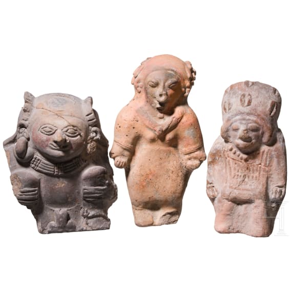 Three Ecuadorian, pre-Colombian painted clay figures, probably 500 - 1500 A.D.