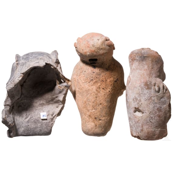 Three Ecuadorian, pre-Colombian painted clay figures, probably 500 - 1500 A.D.