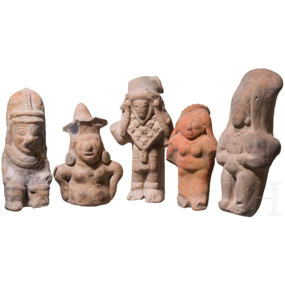 Five small Ecuadorian, pre-Colombian clay figures, probably 500 - 1500 A.D.