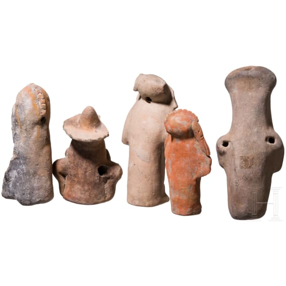 Five small Ecuadorian, pre-Colombian clay figures, probably 500 - 1500 A.D.