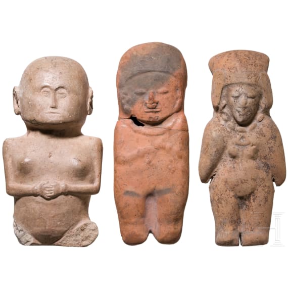 Three Ecuadorian, pre-Colombian painted clay figures, probably 1000 - 1500 A.D.