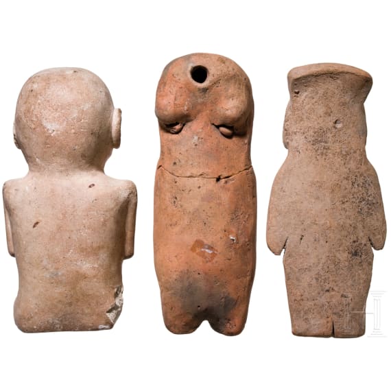 Three Ecuadorian, pre-Colombian painted clay figures, probably 1000 - 1500 A.D.
