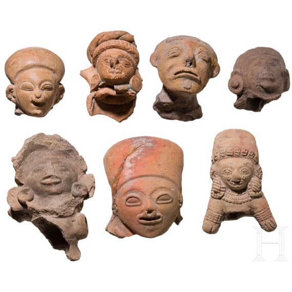 Seven Ecuadorian, pre-Colombian clay heads, probably 1000 - 1500 A.D.