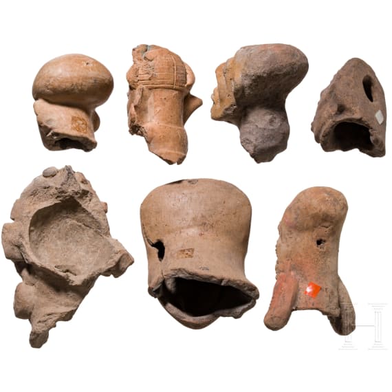 Seven Ecuadorian, pre-Colombian clay heads, probably 1000 - 1500 A.D.