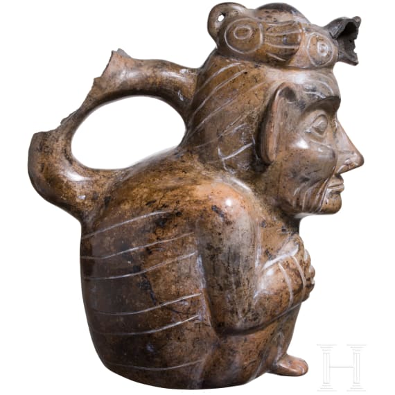 A Peruvian painted figural clay vessel, probably Moche culture, 4th - 8th century