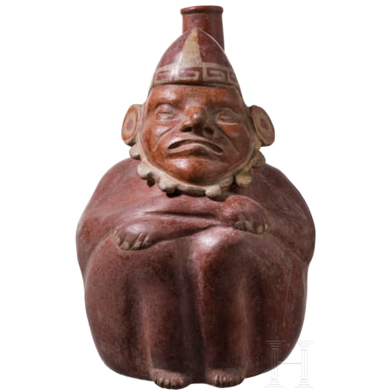 A Peruvian painted figural clay vessel, probably Moche culture, 4th - 8th century