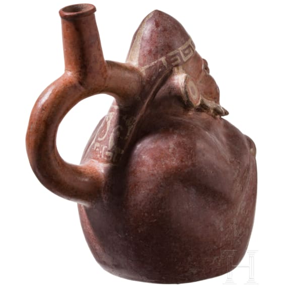 A Peruvian painted figural clay vessel, probably Moche culture, 4th - 8th century
