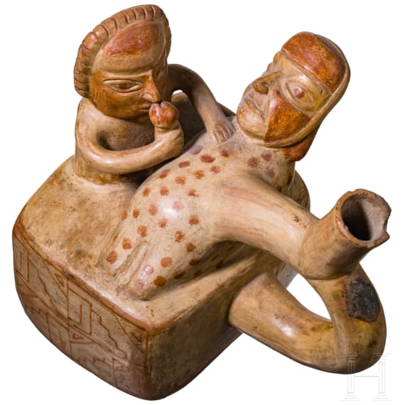 A Peruvian painted figural clay vessel, probably Moche culture, 4th - 8th century