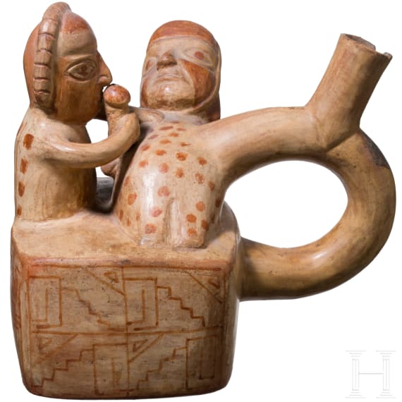 A Peruvian painted figural clay vessel, probably Moche culture, 4th - 8th century