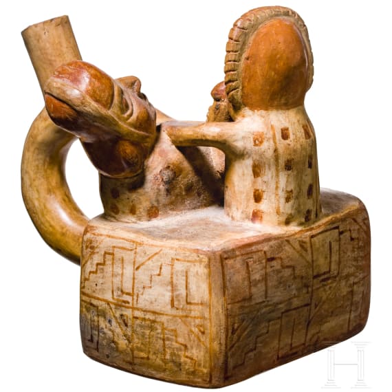 A Peruvian painted figural clay vessel, probably Moche culture, 4th - 8th century
