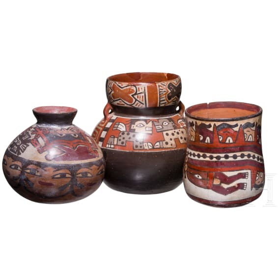 Three Peruvian painted clay vessels, Nazca, probably 3rd - 8th century