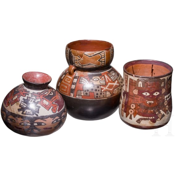 Three Peruvian painted clay vessels, Nazca, probably 3rd - 8th century