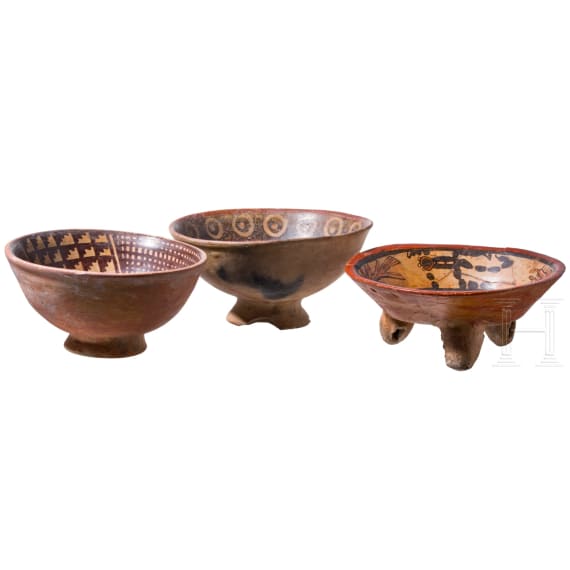 Three pre-Colombian painted clay bowls, two from Ecuador, probably 800 - 1500 A.D., and one probably from Guatemala, Maya, 550 - 950 A.D.