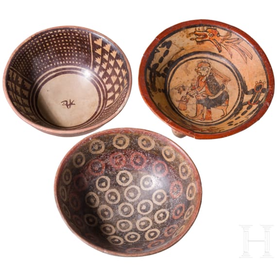Three pre-Colombian painted clay bowls, two from Ecuador, probably 800 - 1500 A.D., and one probably from Guatemala, Maya, 550 - 950 A.D.