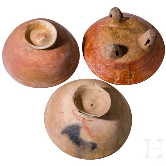Three pre-Colombian painted clay bowls, two from Ecuador, probably 800 - 1500 A.D., and one probably from Guatemala, Maya, 550 - 950 A.D.