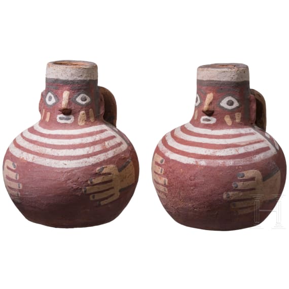 Two Peruvian painted figural clay jugs, probably Nazca, 3rd - 8th century