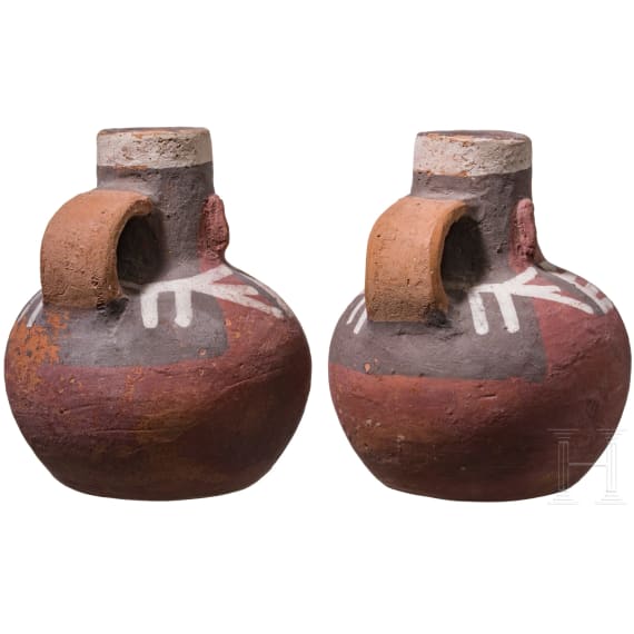 Two Peruvian painted figural clay jugs, probably Nazca, 3rd - 8th century