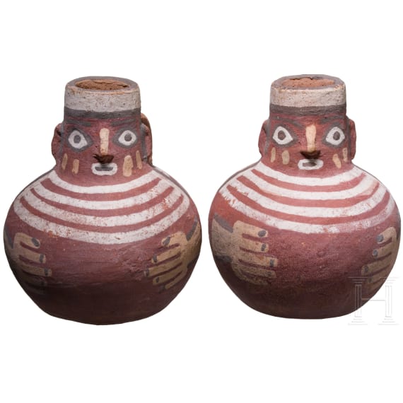 Two Peruvian painted figural clay jugs, probably Nazca, 3rd - 8th century