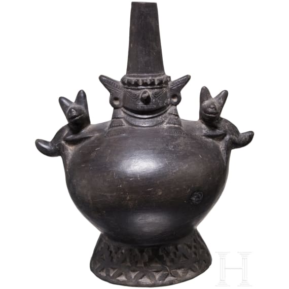 A Peruvian figural blackware vessel, Lambayeque, Chimu culture, probably 11th - 15th century