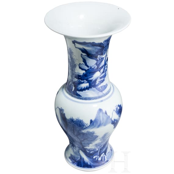 An exquisitely painted Chinese blue and white Gu vase, probably 18th century