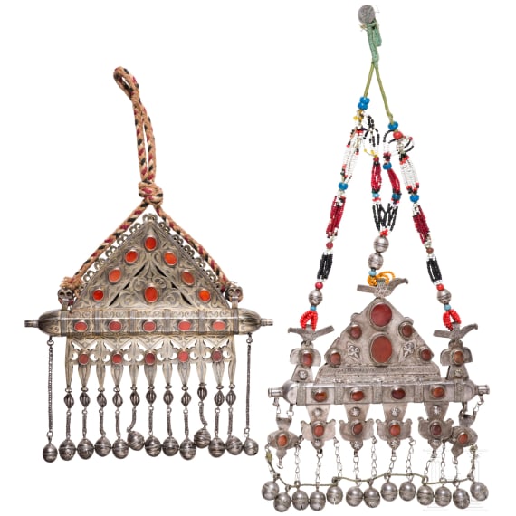 Two large Turkmen silver Tumar amulets, 20th century