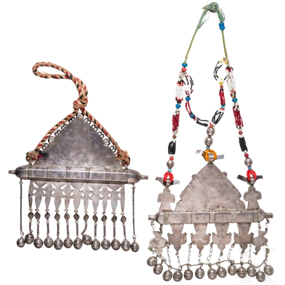 Two large Turkmen silver Tumar amulets, 20th century