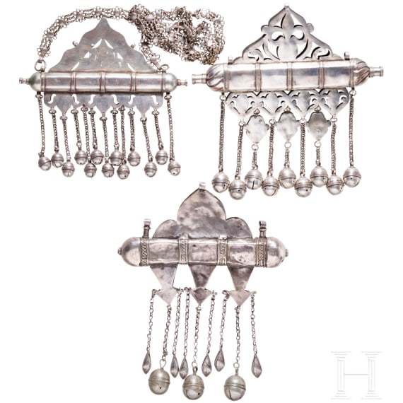 Three Turkmen silver Tumar amulets, circa 1900