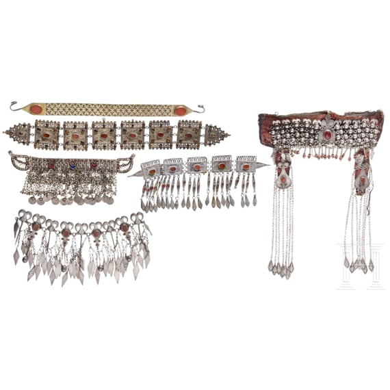 Six partially gilt Turkemen silver headpieces, Tekke, circa 1900 (one not silver)