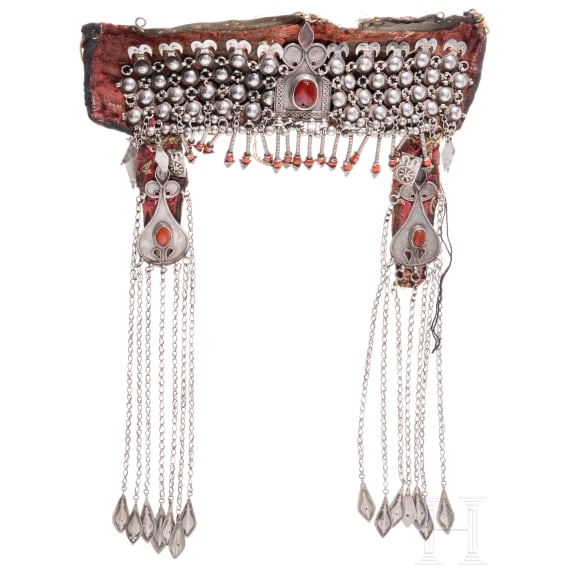 Six partially gilt Turkemen silver headpieces, Tekke, circa 1900 (one not silver)