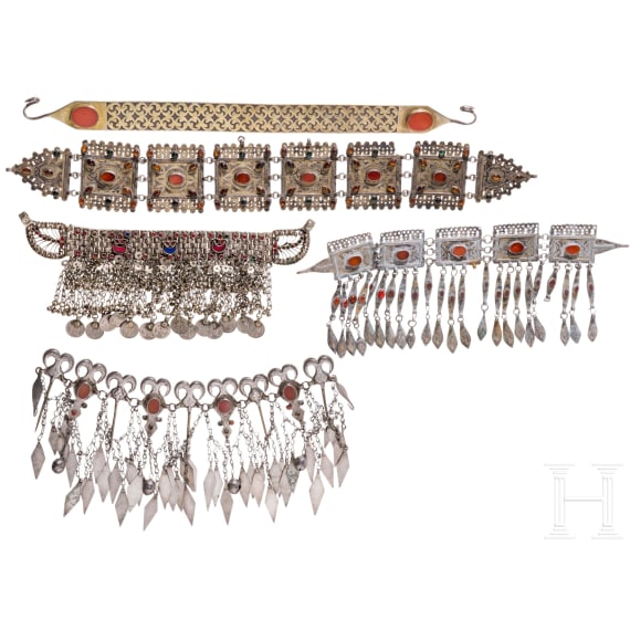 Six partially gilt Turkemen silver headpieces, Tekke, circa 1900 (one not silver)