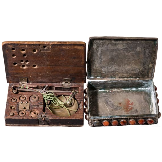 A Turkmen carnelian-set lidded box and scale in wooden box, circa 1900