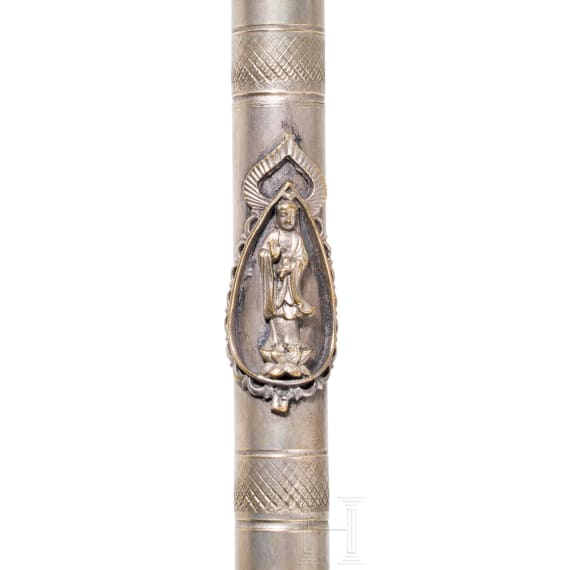 Two silver/silver-mounted lime pots, a silver-mounted leather bag, a plated opium pipe and a plated flask, Indian/Tibetan, circa 1900