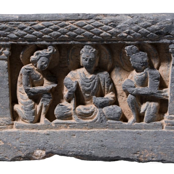 A grey Pakistani schist architectural element (capital), Gandhara, probably 3rd - 5th century
