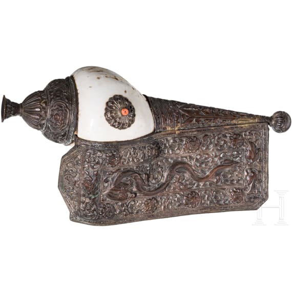 A Tibetan silver-plated conch shell horn, 20th century
