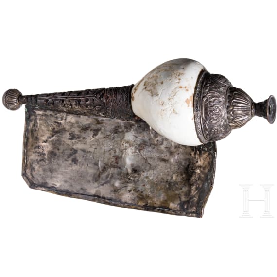 A Tibetan silver-plated conch shell horn, 20th century