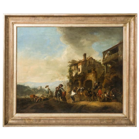 Travellers resting at the blacksmith's, attributed to Philips Wouwerman, Netherlands, mid 17th century