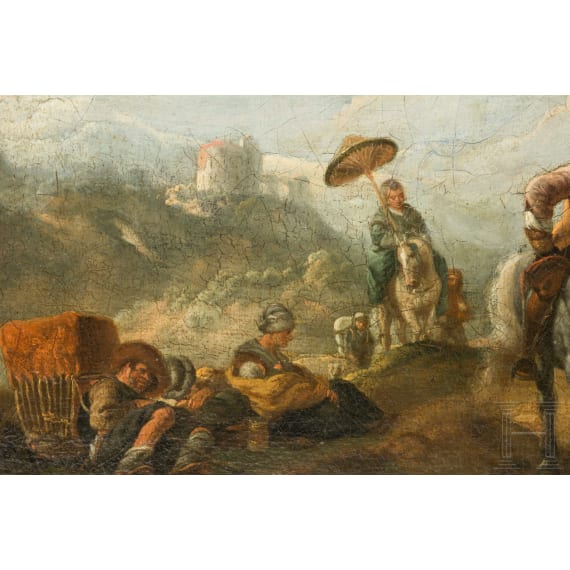 Travellers resting at the blacksmith's, attributed to Philips Wouwerman, Netherlands, mid 17th century