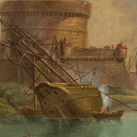 A Greek harbour scene with Turkish fleet, eastern European, circa 1800
