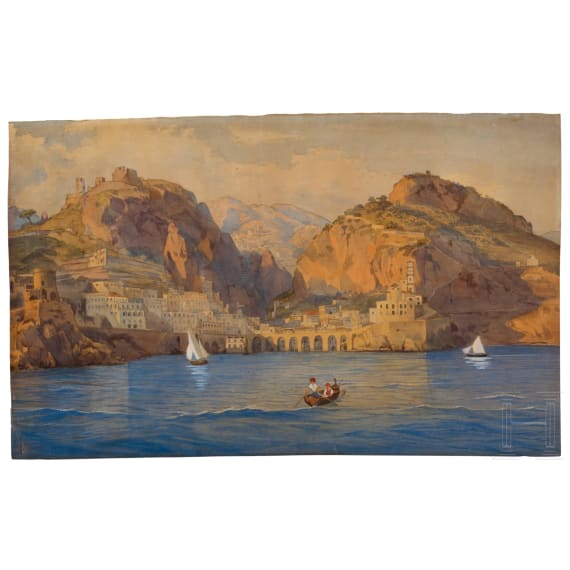 Attributed to Eugen Napoleon Neureuther (1806 - 1882), "View of Atrani from the Tyrrhenian Sea", German, 19th century