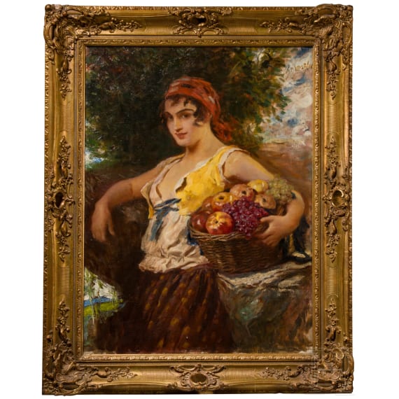 "Young woman with fruit basket", Leopold Schmutzler (1864 Mies in Austria - 1940 Munich), oil on canvas