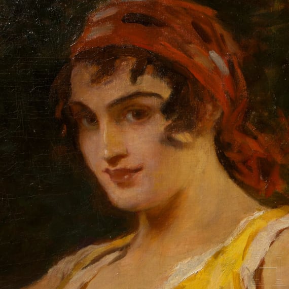 "Young woman with fruit basket", Leopold Schmutzler (1864 Mies in Austria - 1940 Munich), oil on canvas